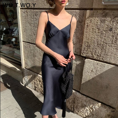 V-Neck Spaghetti Strap Dress - Sleek Elegance for Summer Occasions