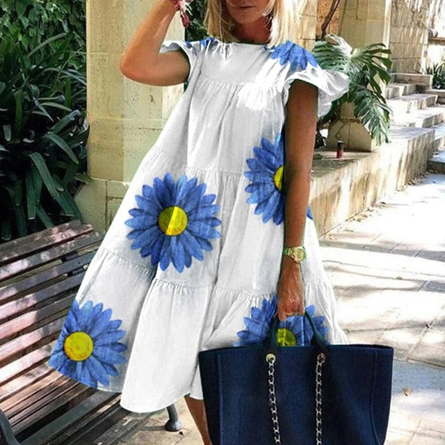 Women's Elegant Daisy Print Dress with Playful Sleeves - Summer Delight