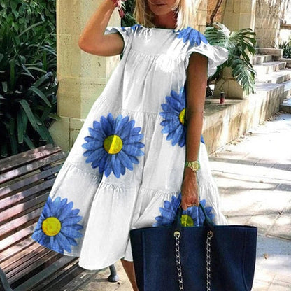 Women's Elegant Daisy Print Dress with Playful Sleeves - Summer Delight