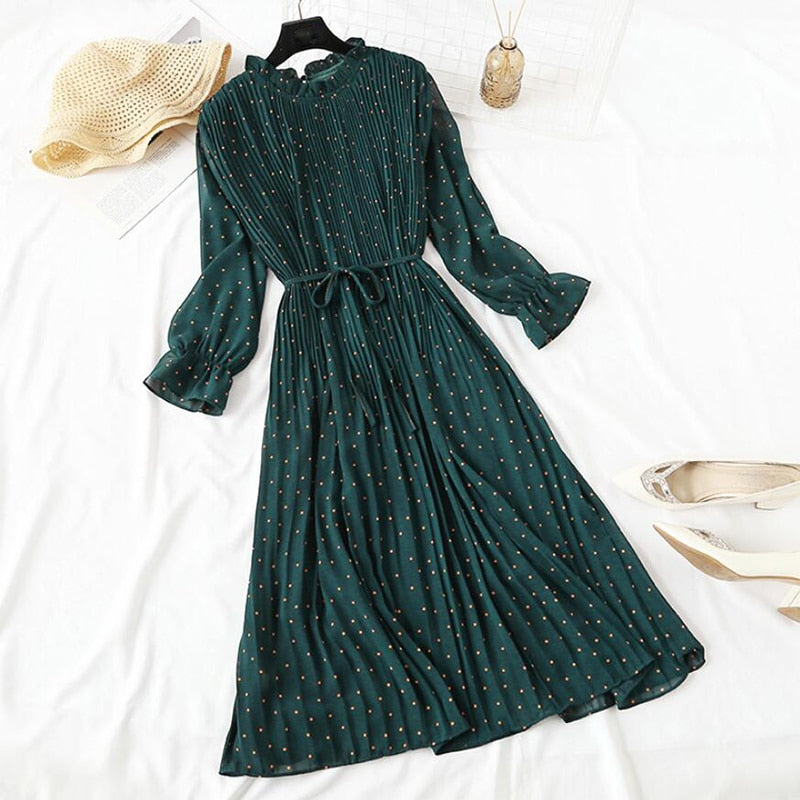 Elegant Vintage Polka Dot Dress - Flare Sleeve Spring Charm