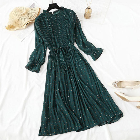 Elegant Vintage Polka Dot Dress - Flare Sleeve Spring Charm