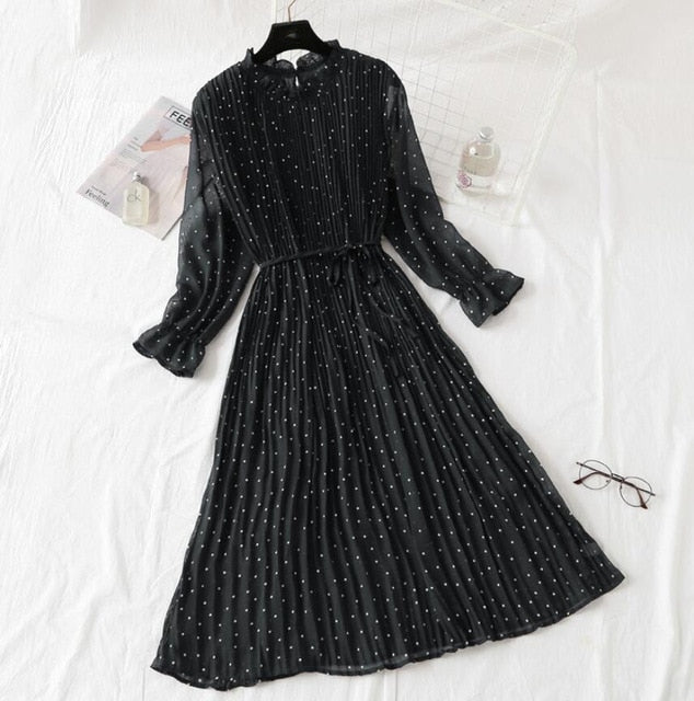 Elegant Vintage Polka Dot Dress - Flare Sleeve Spring Charm