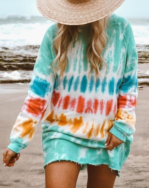 hirigin Rainbow Tie Dye Sweatshirt Dress - Vibrant & Playful Comfort