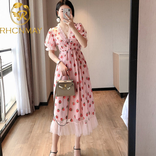 Strawberry Print V-Neck Belted Mid-Length Party Dress - Stand Out in Style