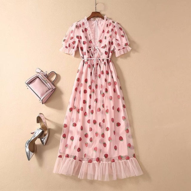 Strawberry Print V-Neck Belted Mid-Length Party Dress - Stand Out in Style