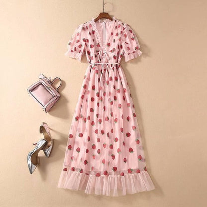 Strawberry Print V-Neck Belted Mid-Length Party Dress - Stand Out in Style