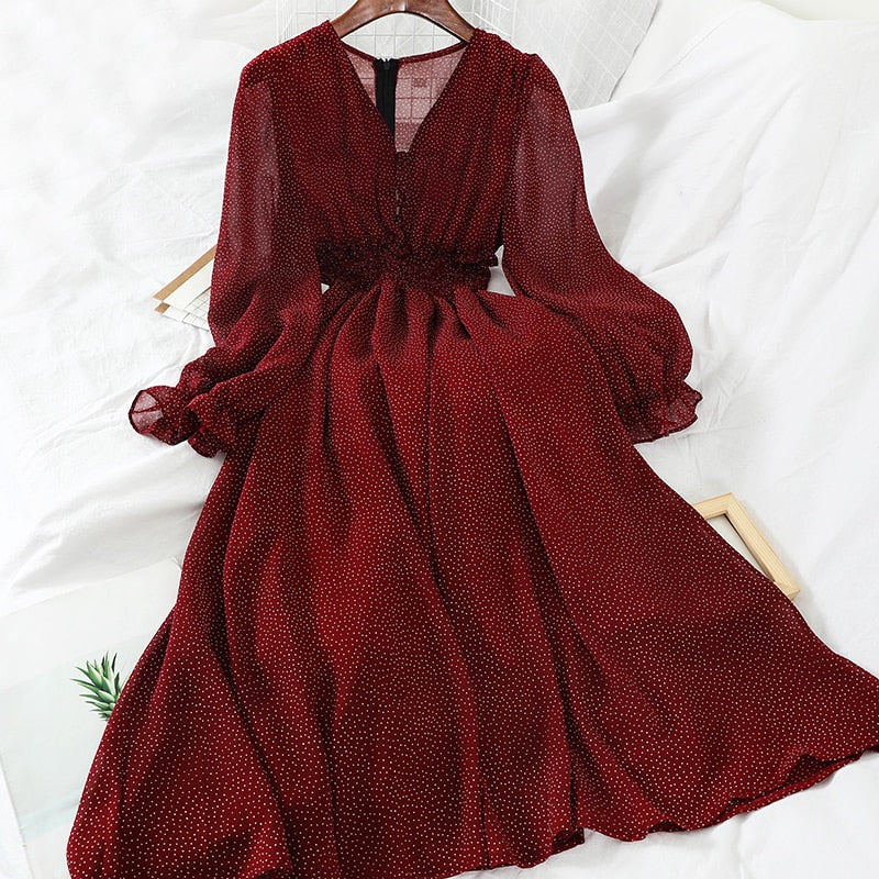 Aibeautyer Women's Polka Dot Chiffon Dress - Autumn's Timeless Elegance