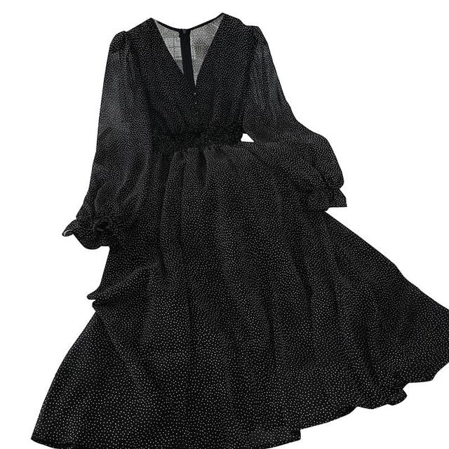 Aibeautyer Women's Polka Dot Chiffon Dress - Autumn's Timeless Elegance