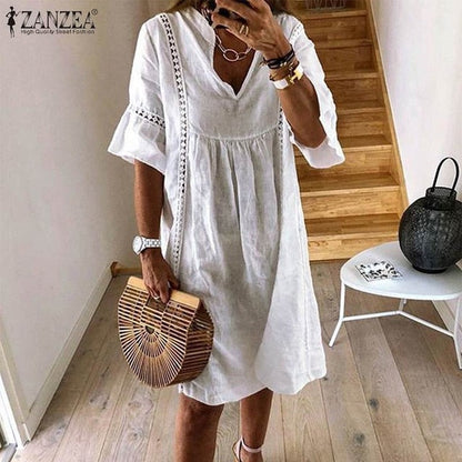 ZANZEA Summer Lace Dress - Bohemian Elegance with Flare Sleeves