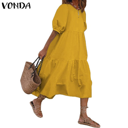 Vintage Lantern Sleeve Dress - Bohemian Elegance & Comfort