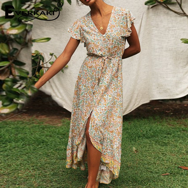 Everkaki Boho Floral Maxi Dress - Chiffon Elegance for Summer