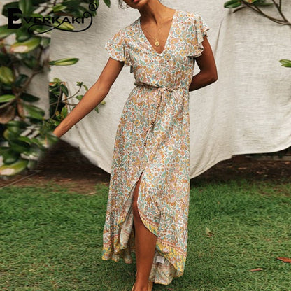 Everkaki Boho Floral Maxi Dress - Chiffon Elegance for Summer