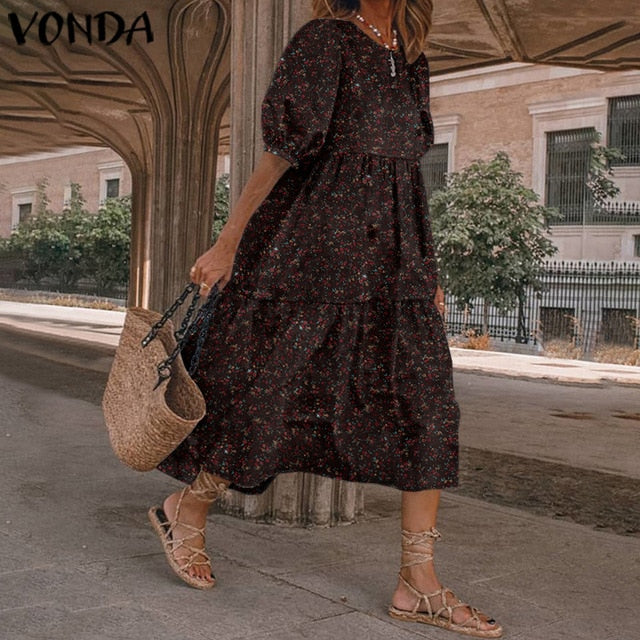 Vintage Lantern Sleeve Dress - Bohemian Elegance & Comfort