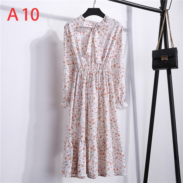 Vintage Floral Chiffon Dress - Autumn's Timeless Elegance