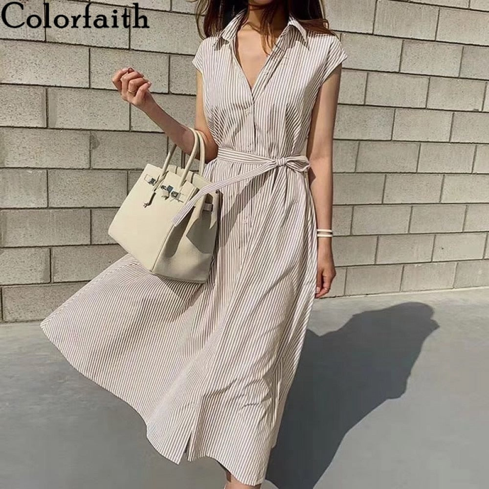 Colorfaith Women's Striped Shirt Dress - Casual Summer Sophistication
