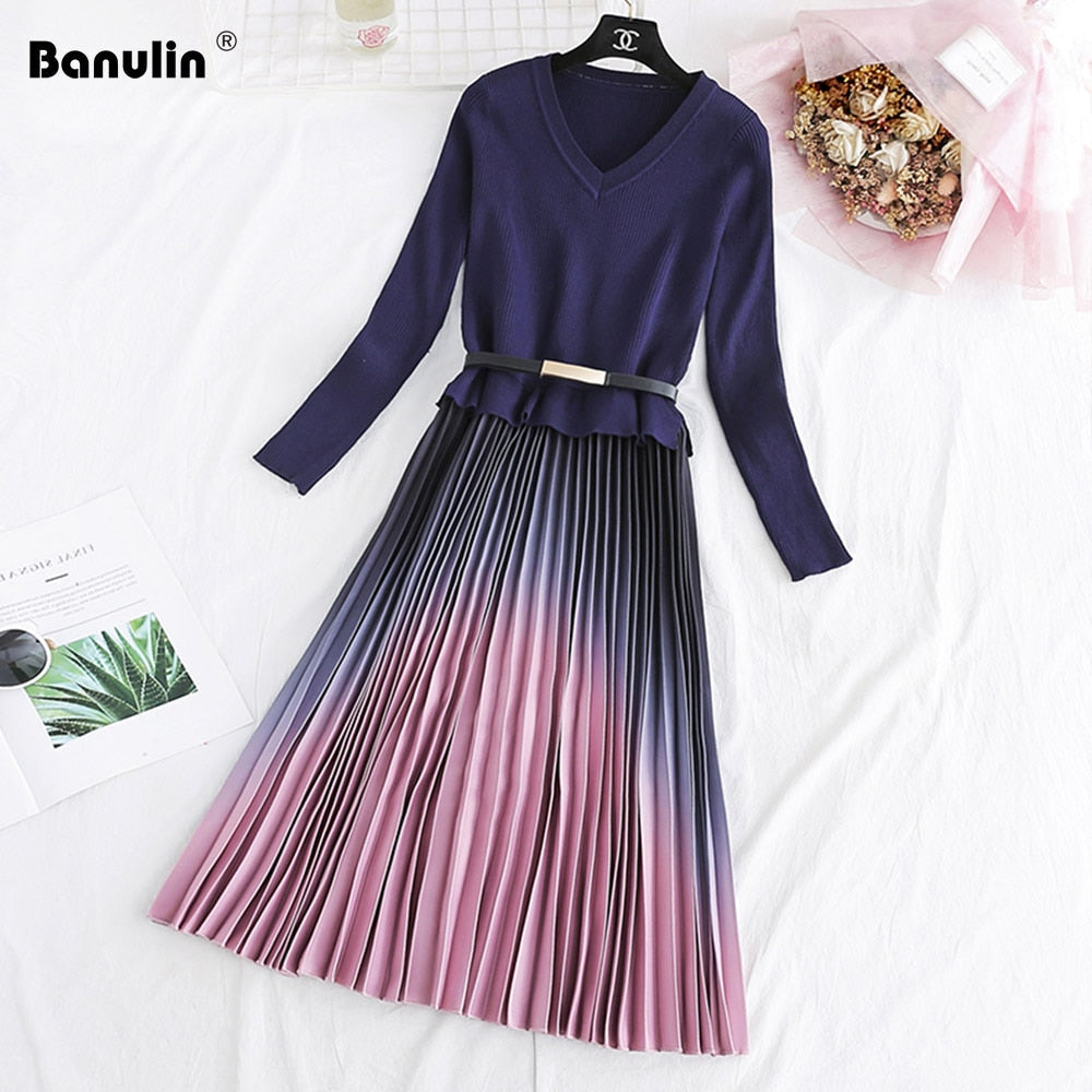 Elegant Knitted Patchwork Dress - Sophistication for Office & Casual