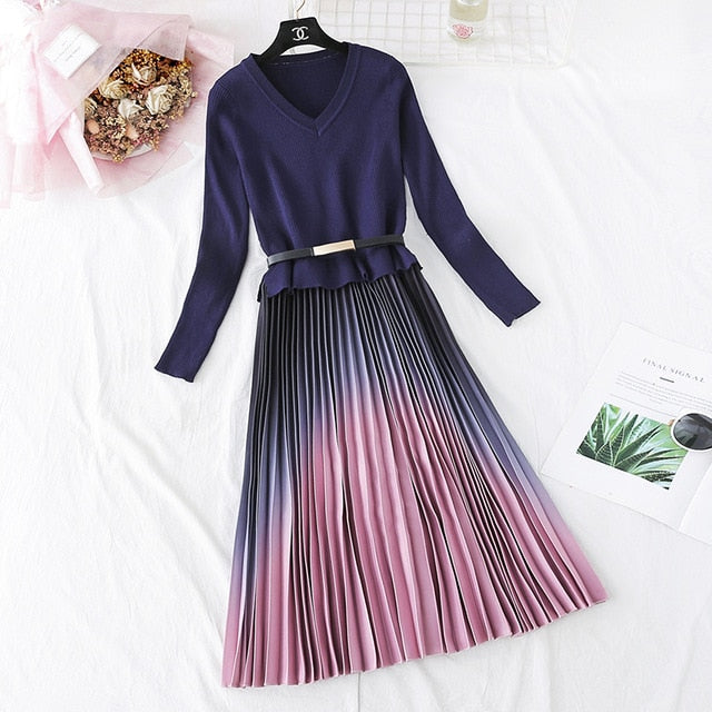 Elegant Knitted Patchwork Dress - Sophistication for Office & Casual