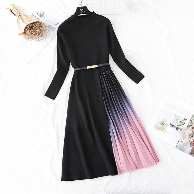 Elegant Knitted Patchwork Dress - Sophistication for Office & Casual