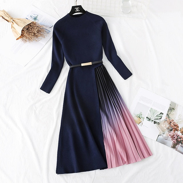 Elegant Knitted Patchwork Dress - Sophistication for Office & Casual