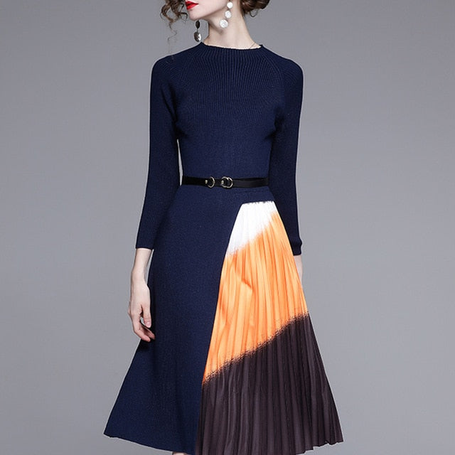Elegant Knitted Patchwork Dress - Sophistication for Office & Casual