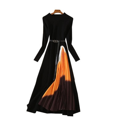 Elegant Knitted Patchwork Dress - Sophistication for Office & Casual