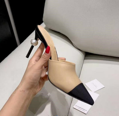 Women's Elegant High Heel Pumps - Black Leather with Pearl Detail