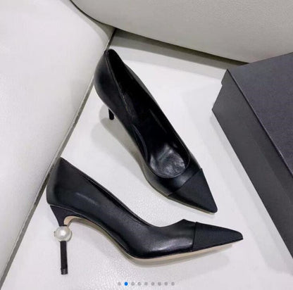Elegant Black High Heels with Pearl Accents - Timeless Sophistication & Comfort