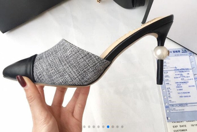 Women's Elegant High Heel Pumps - Black Leather with Pearl Detail