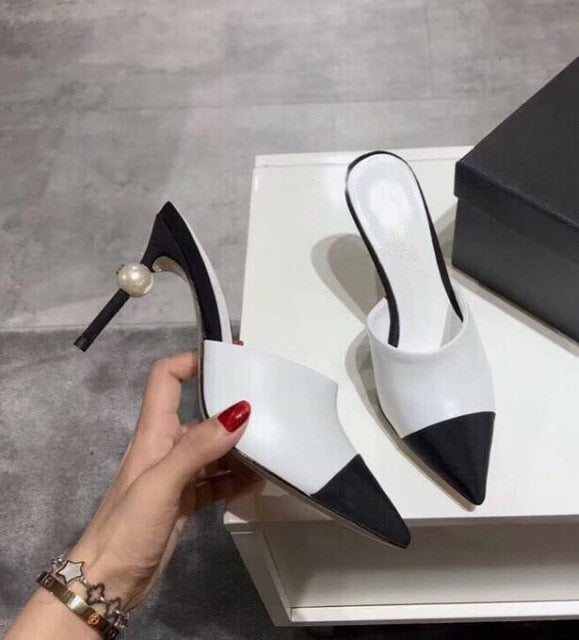 Women's Elegant High Heel Pumps - Black Leather with Pearl Detail