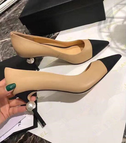 Women's Elegant High Heel Pumps - Black Leather with Pearl Detail