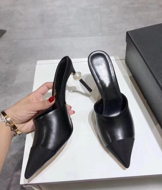 Women's Elegant High Heel Pumps - Black Leather with Pearl Detail