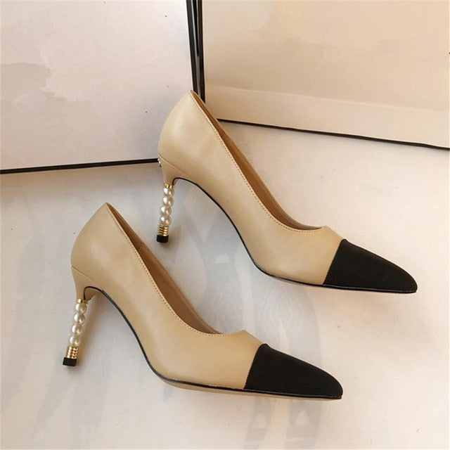 Women's Elegant High Heel Pumps - Black Leather with Pearl Detail