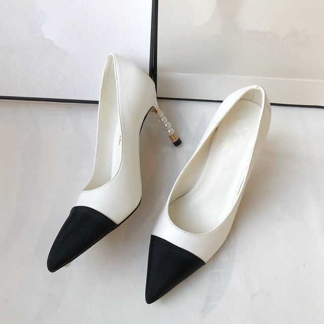 Women's Elegant High Heel Pumps - Black Leather with Pearl Detail