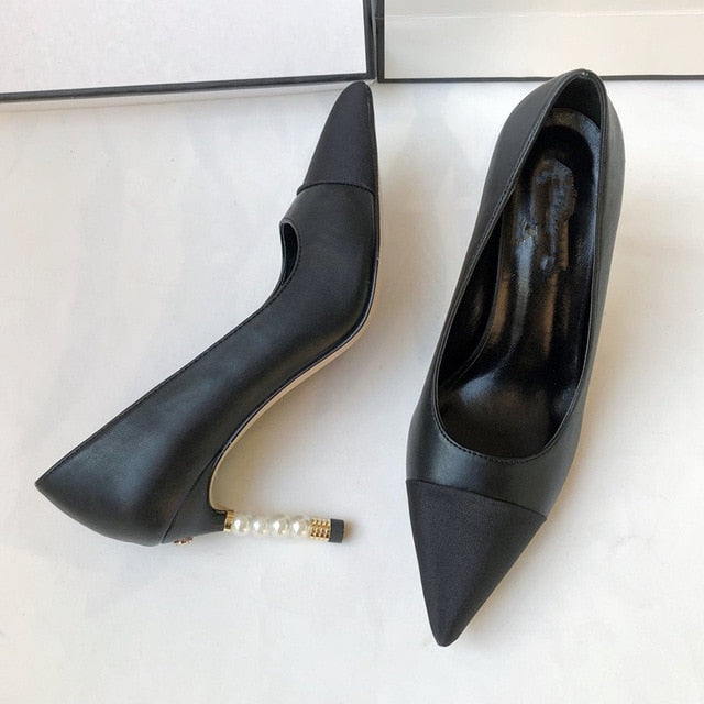Women's Elegant High Heel Pumps - Black Leather with Pearl Detail