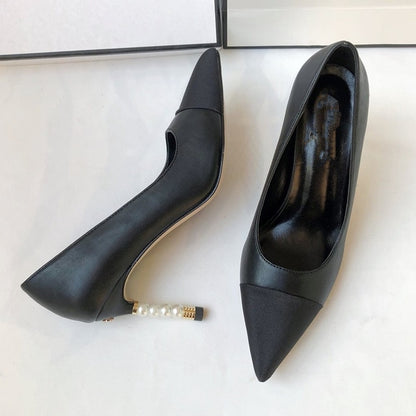 Women's Elegant High Heel Pumps - Black Leather with Pearl Detail