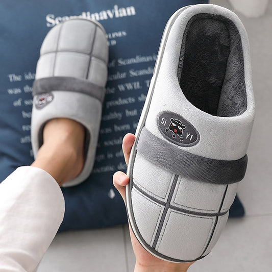 Warm Gingham Men's Slippers - Anti-Skid & Plush Comfort