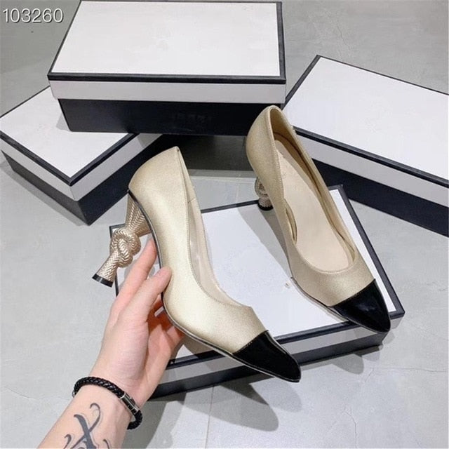 Women's Elegant High Heel Pumps - Black Leather with Pearl Detail