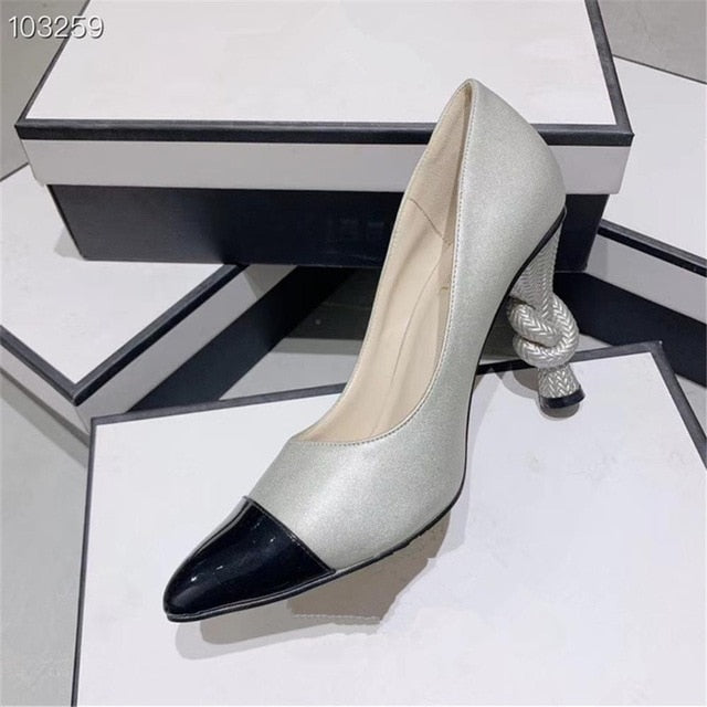 Women's Elegant High Heel Pumps - Black Leather with Pearl Detail