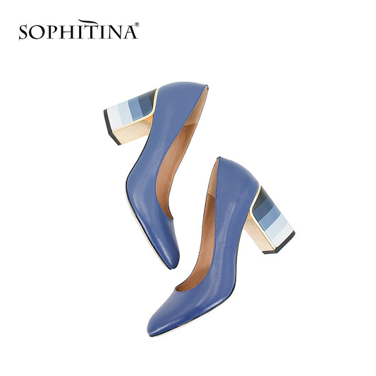SOPHITINA Pumps Fashion Colorful Square Heels High Quality Sheepskin Round Toe Pumps Mature Hot Sale Elegant Women's Shoes W10