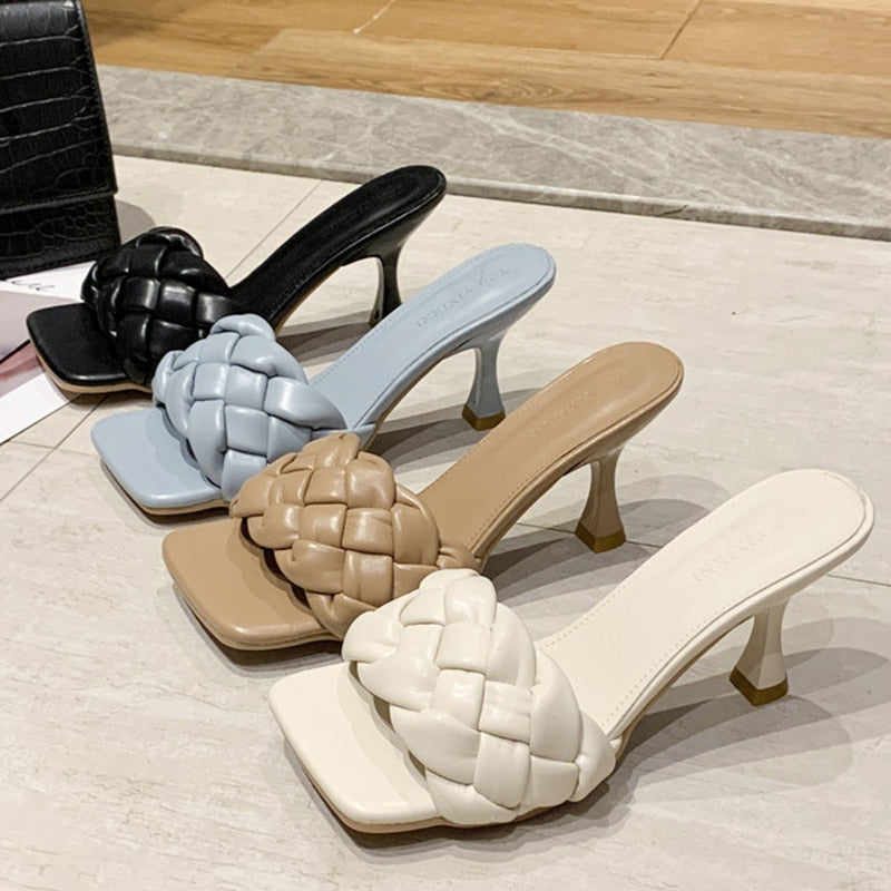 Luxury Women's High Heel Mules - Sophisticated Weave & Comfort