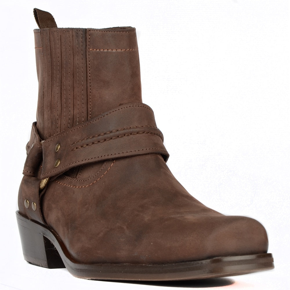 FootCourt Brown Leather Western Ankle Boots with Harness