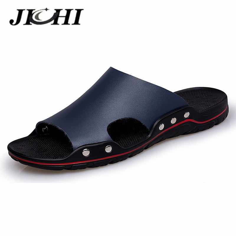 JICHI Men's Leather Slippers - Lightweight & Comfortable for Summer
