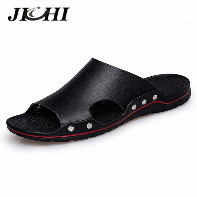JICHI Men's Leather Slippers - Lightweight & Comfortable for Summer