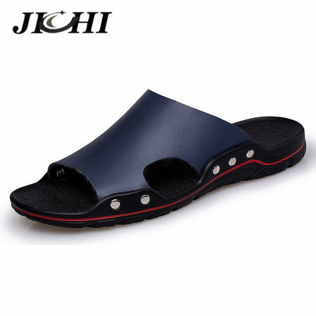 JICHI Men's Leather Slippers - Lightweight & Comfortable for Summer