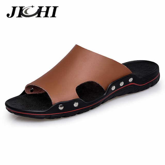 JICHI Men's Leather Slippers - Lightweight & Comfortable for Summer