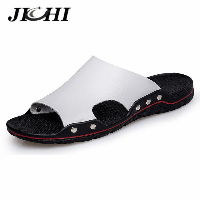 JICHI Men's Leather Slippers - Lightweight & Comfortable for Summer