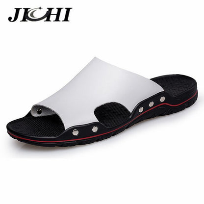 JICHI Men's Leather Slippers - Lightweight & Comfortable for Summer