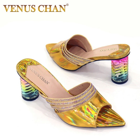 Venus Chan Summer Women Mules Design slippers Sandals Square sole slides High heel 9CM Women shoes Summer Woman size 41 42