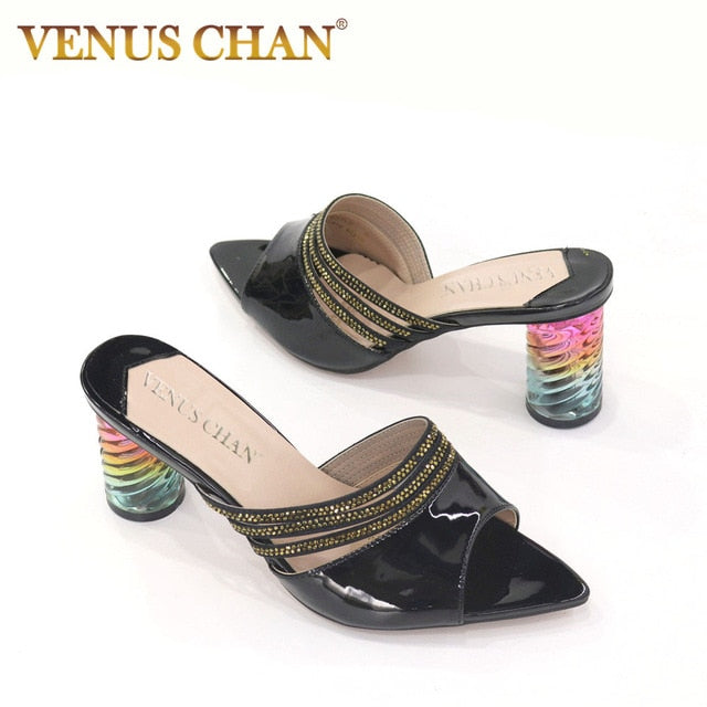 Venus Chan Summer Women Mules Design slippers Sandals Square sole slides High heel 9CM Women shoes Summer Woman size 41 42