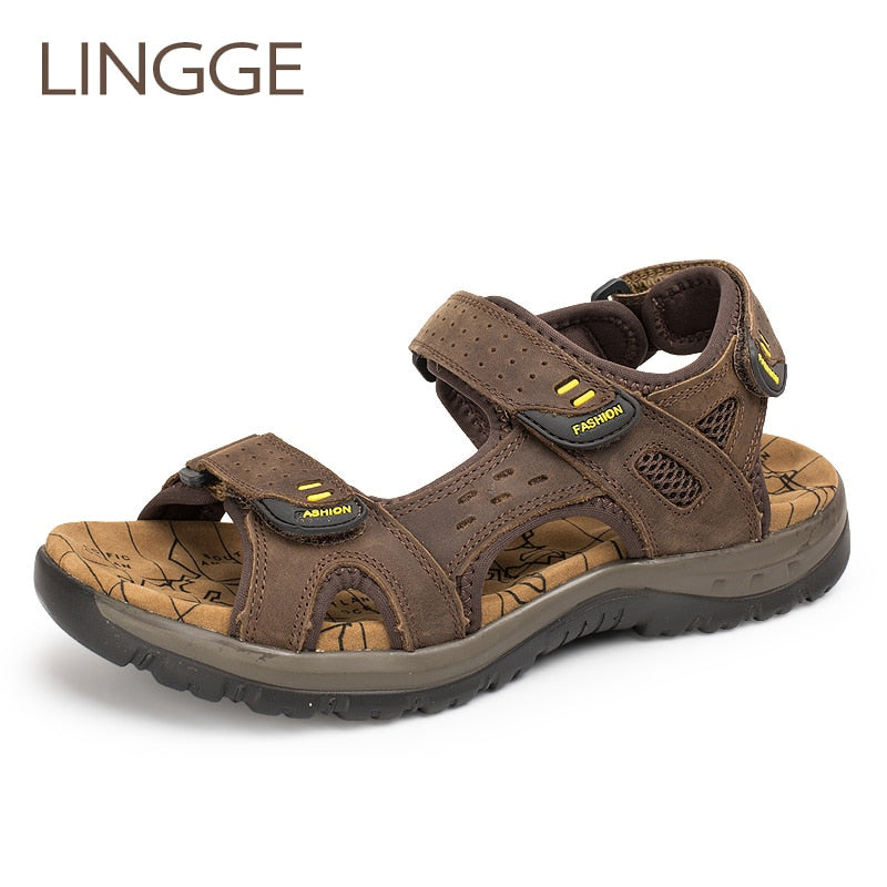 LINGGE Genuine Leather Men's Sandals - Summer Beach Comfort